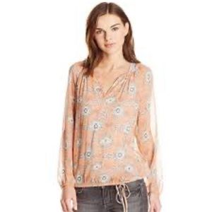 Lucky Brand Riviera Coral Silk Peasant Blouse